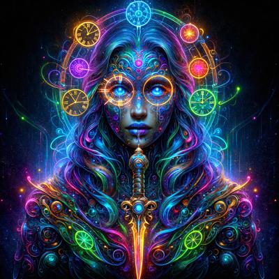 The primary subject of the image is a woman with long hair, who is the main focus of the scene. She is wearing a colorful, flowing dress and has a sword in her hand. The setting appears to be a futuristic or fantasy-inspired environment, with a backdrop of a clock and a colorful, swirling pattern. The visual style of the image is digital art, with a vibrant and lively atmosphere. The dominant colors in the image are blue, green, and purple